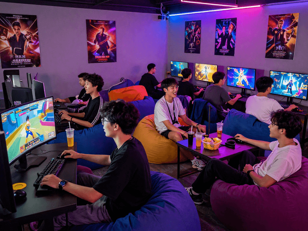 Engaged friends playing a porn game in a colorful online gaming lounge.
