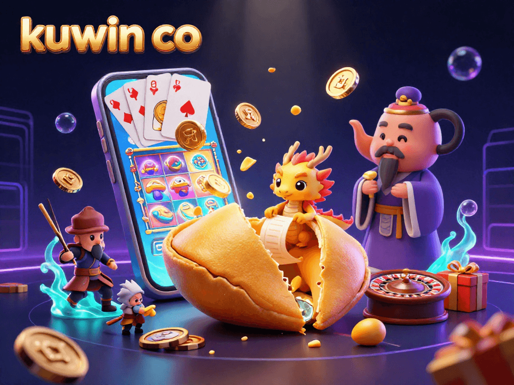 Experience the vibrant thrill of kuwin co casino with a dynamic 3D illustration featuring towering golden cookies, wise dragons, and exciting game elements.