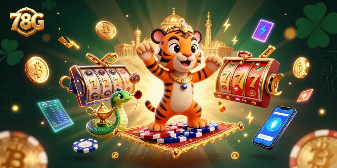 O sultão tigre do 78G em um cenário de cassino vibrante com símbolos de caça-níqueis e moedas digitais.