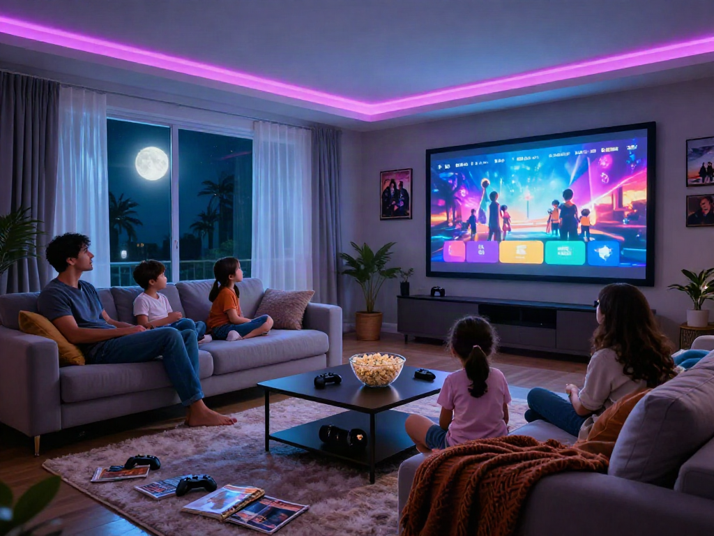 Cozy family movie night with Moviebox app displayed on screen, popcorn on the table, vibrant atmosphere.