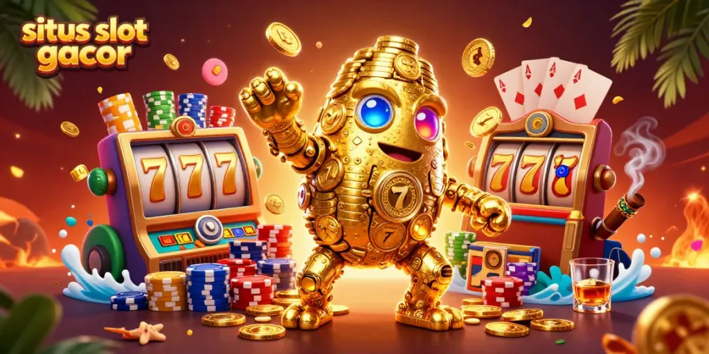 Gambarkan situs slot gacor dengan golem emas dan elemen permainan hijau yang menarik.
