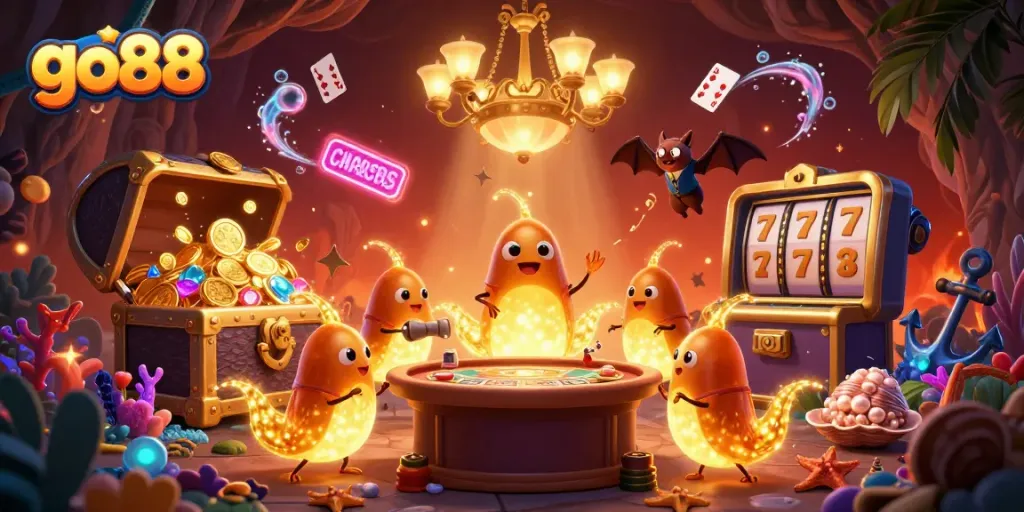 Experience the excitement of go88 with vibrant glowworms illuminating a cave casino full of treasures.