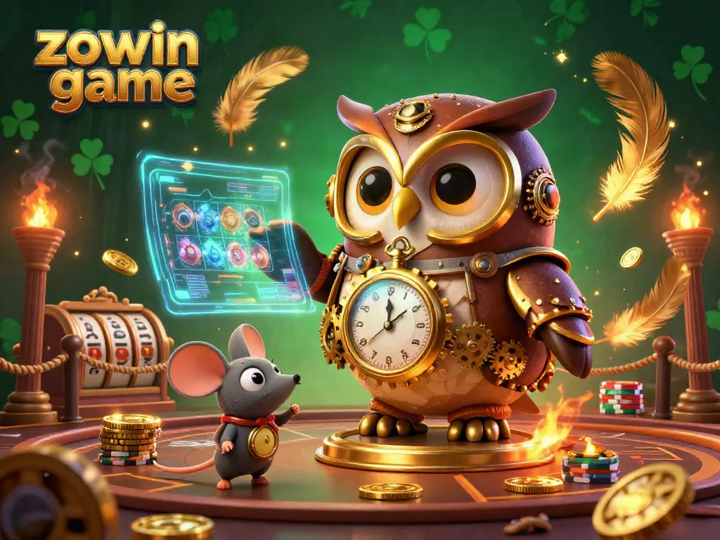 Experience the thrill of zowin game with a vibrant casino atmosphere featuring an owl and mouse in steampunk gear.