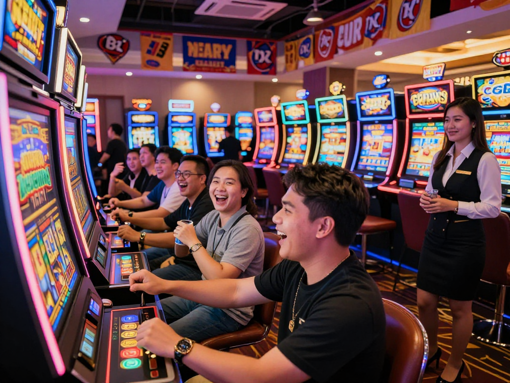 Pengunjung bermain slot gacor dengan penuh semangat di kasino yang meriah