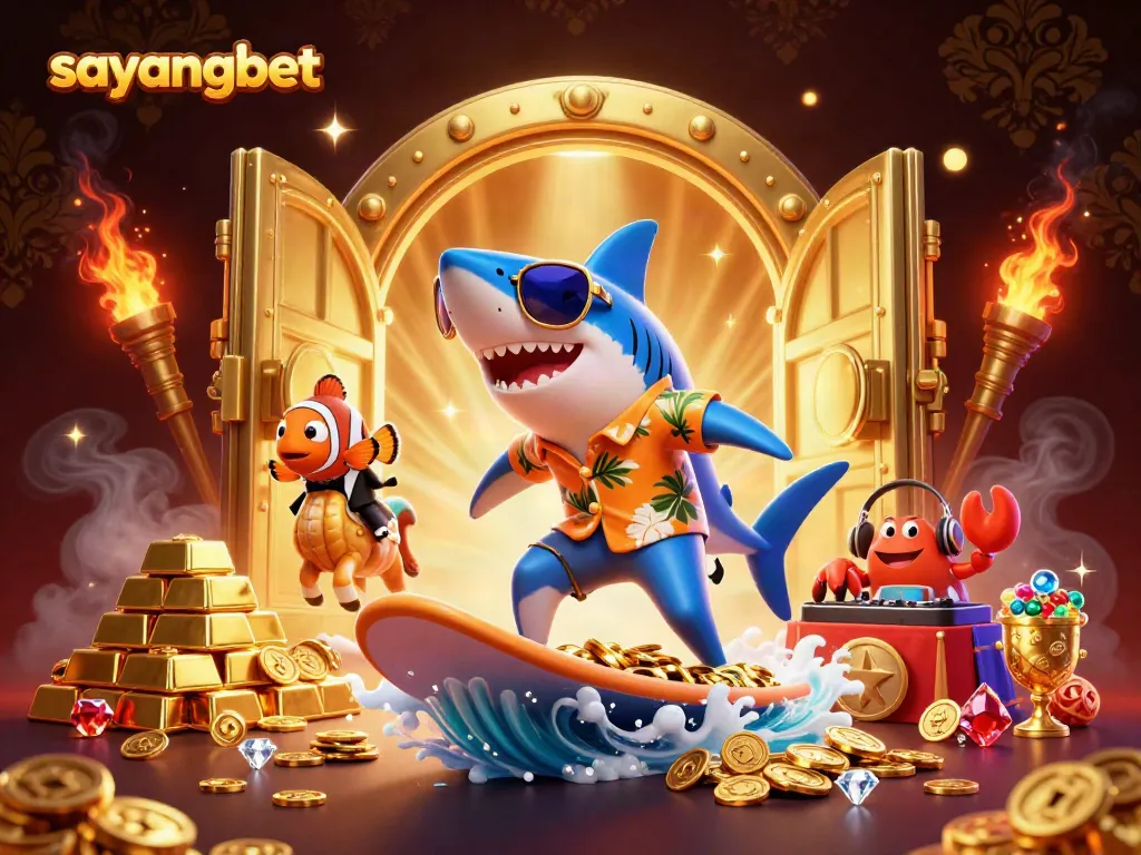 Experience exhilarating gambling with sayangbet as a shark surfs through gold coins, amidst dynamic casino treasures.