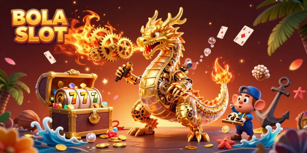 BOLA SLOT offers a dynamic scene of a golden dragon and mouse engineer among slot reels and treasure.