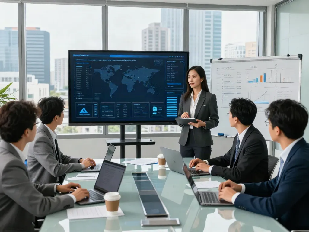 The biggest insurance company in the world animatedly discussed during a corporate team meeting with diverse executives presenting data.