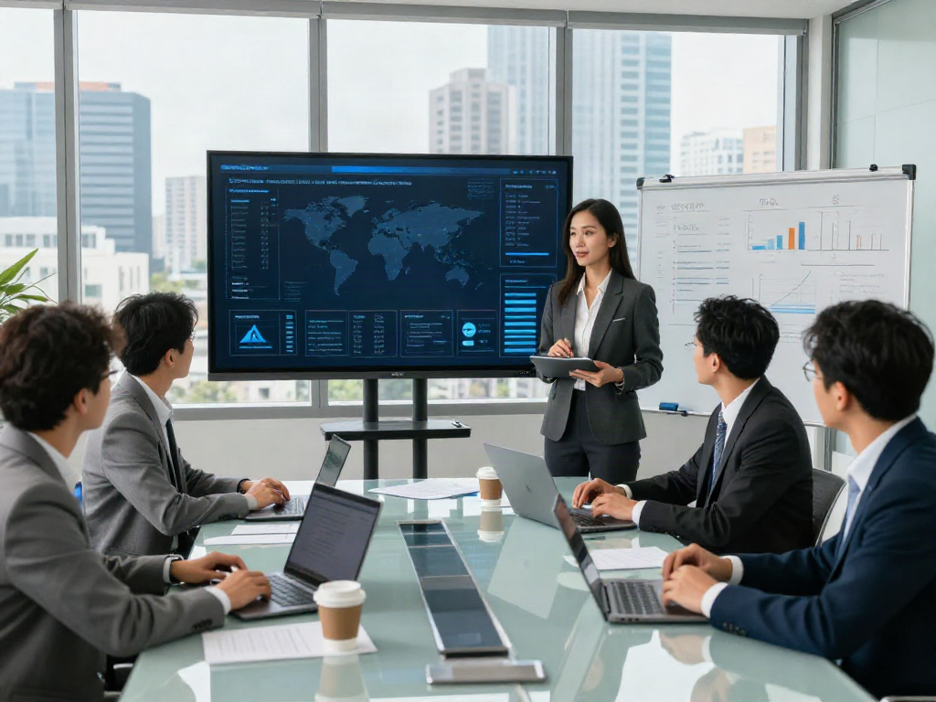 The biggest insurance company in the world animatedly discussed during a corporate team meeting with diverse executives presenting data.