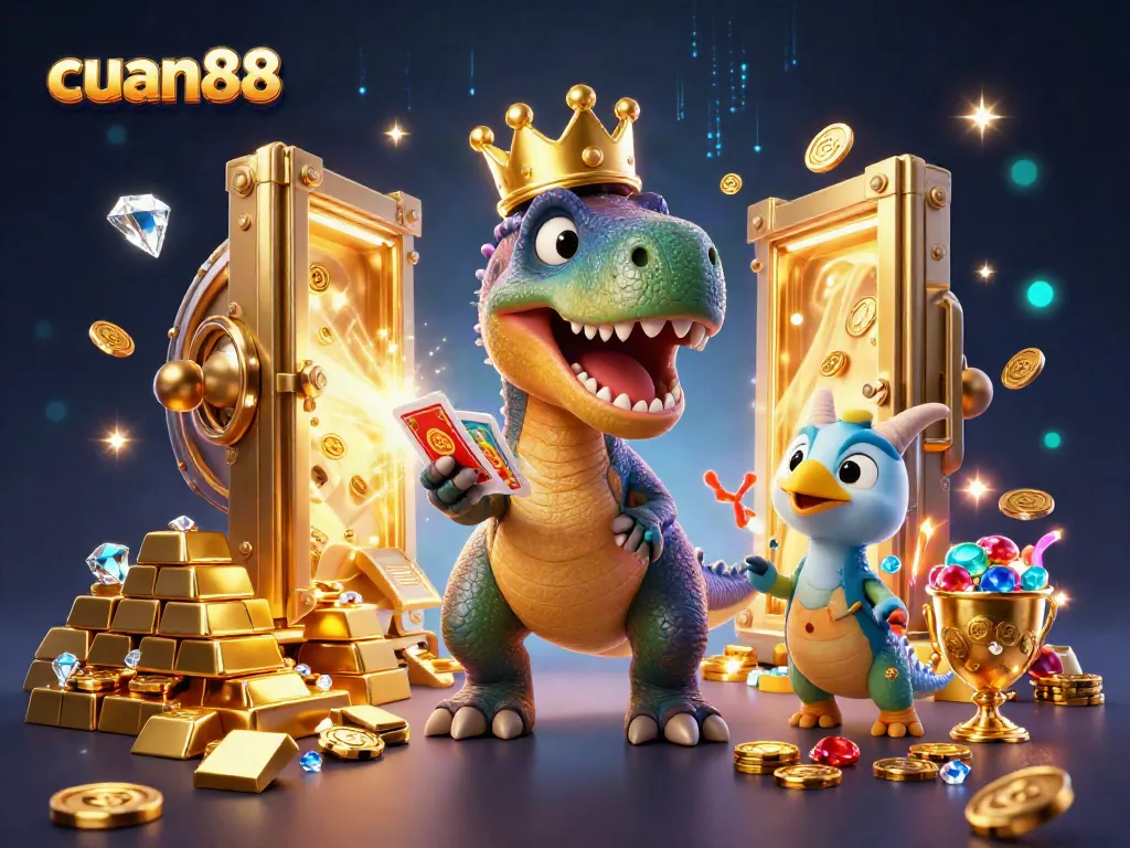 Cuan88 showcases a vibrant casino scene with characters and gold treasures captivating online gamers.