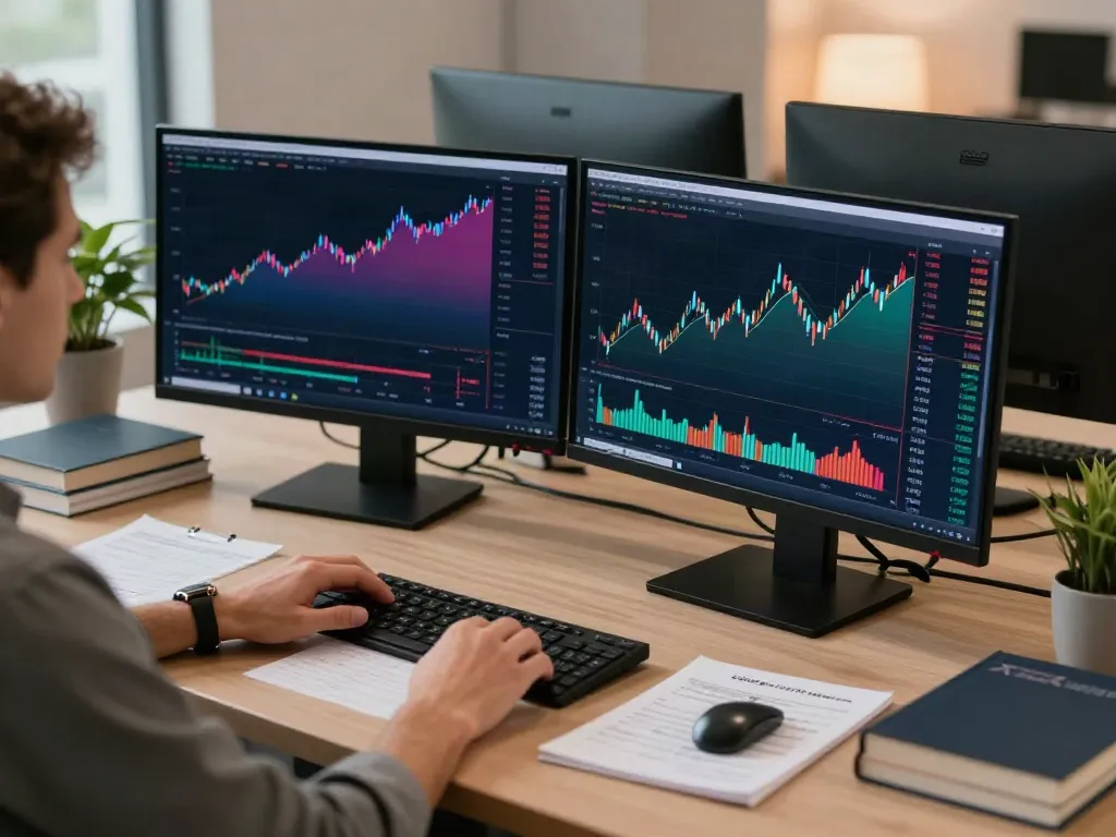 Trader using MetaTrader 5 in a modern office setup with financial charts on screen.