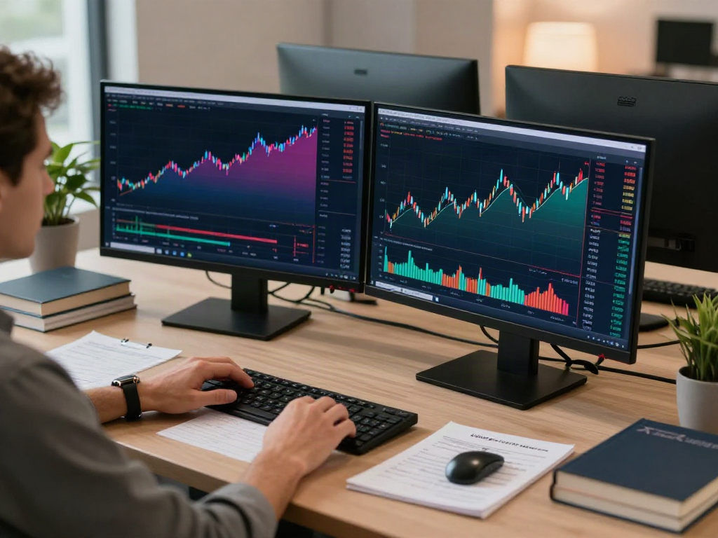 Trader using MetaTrader 5 in a modern office setup with financial charts on screen.