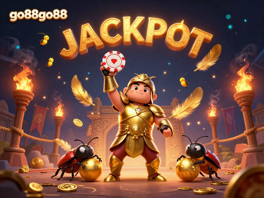 Experience excitement at go88go88 with a victorious hero beetle lifting a poker chip, surrounded by magical casino elements.