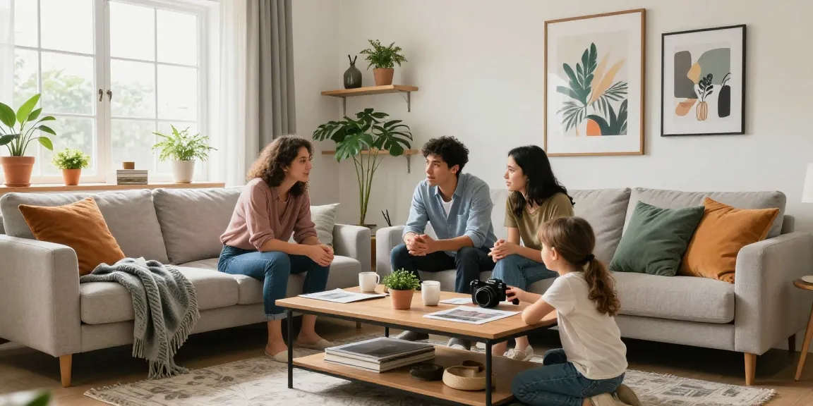 Modern living room interior showcasing family sharing home design tips with Home The Spruce decor.