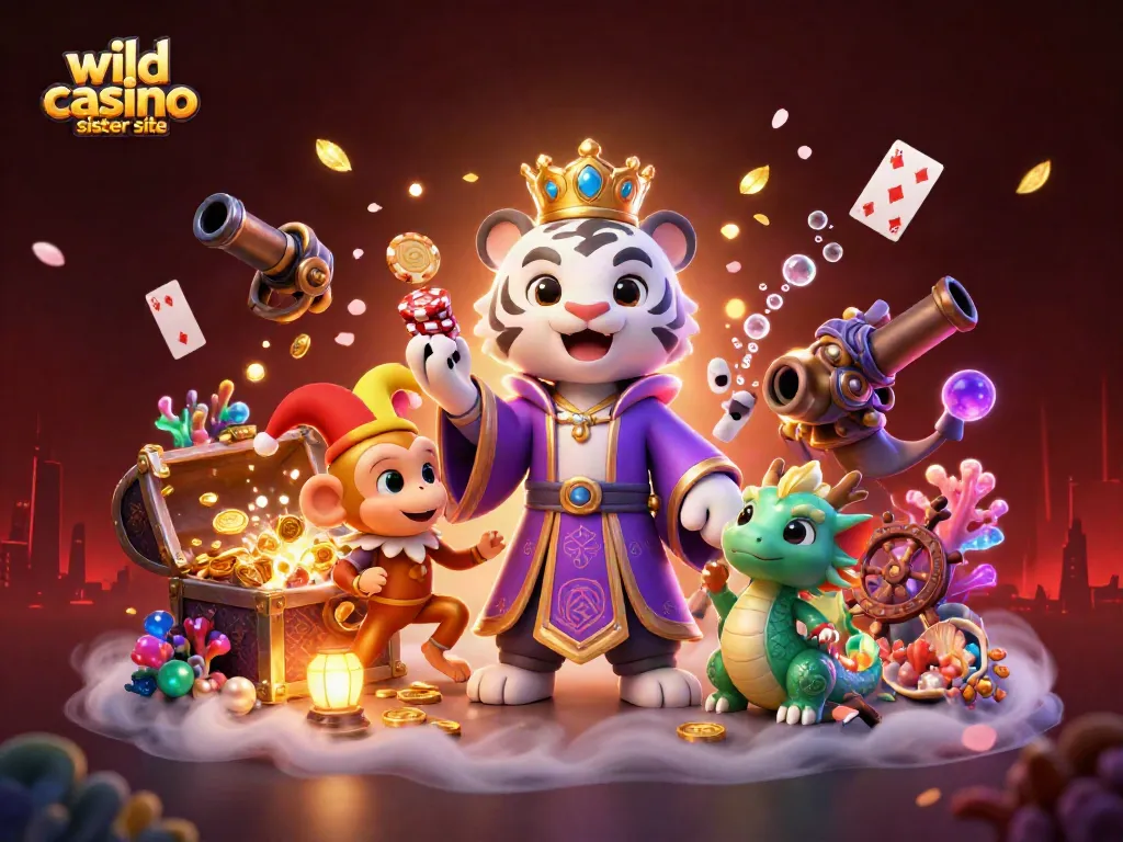 Engage with the wild casino sister site, a vibrant 3D illustration featuring a white tiger, monkey, and dragon amidst casino elements.