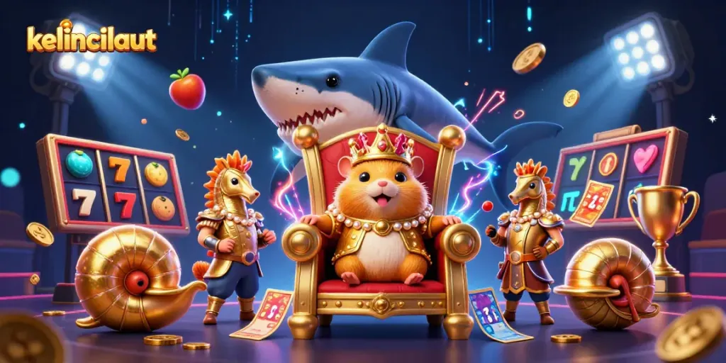 Kelincilaut gambling scene with a fierce hamster king, slot reels, and sports elements.