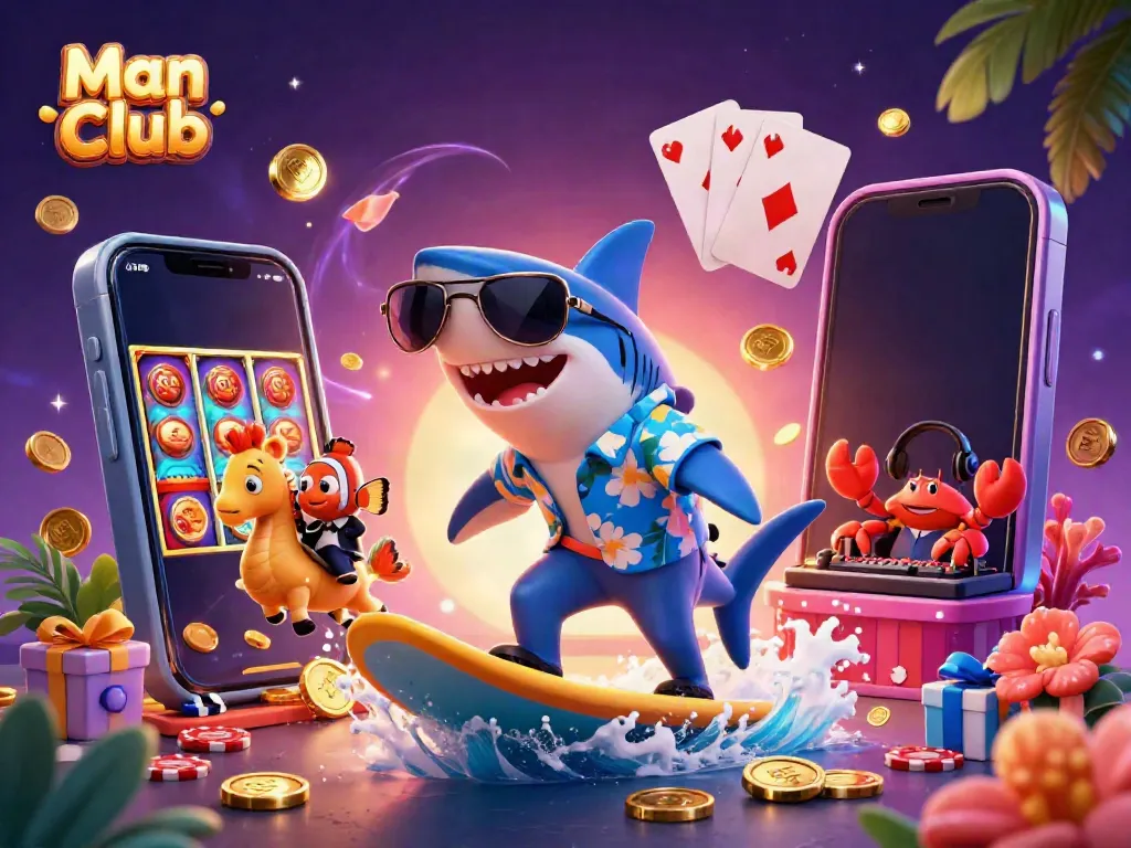 Man Club showcases an exciting casino experience with a shark, clownfish, and crab in a vibrant 3D scene.