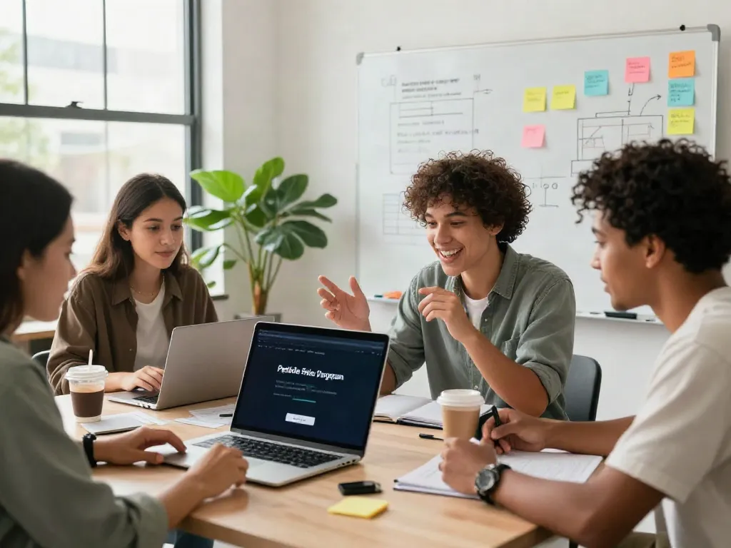 Collaborators discussing the peptide affiliate program in a vibrant co-working space, showcasing teamwork and strategic planning.