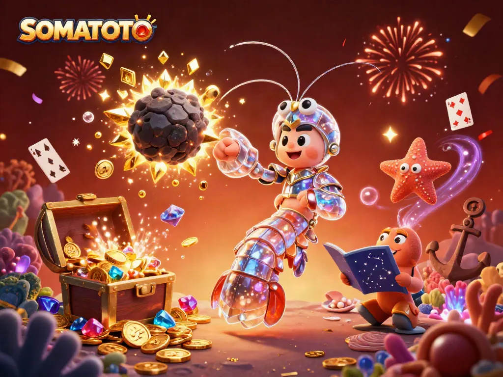 SOMATOTO brings excitement with a galactic samurai shrimp battling asteroids, revealing gold gems.