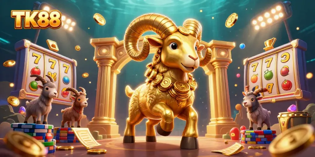 TK88 themed vibrant casino scene with a golden ram and slots, exciting action and energy