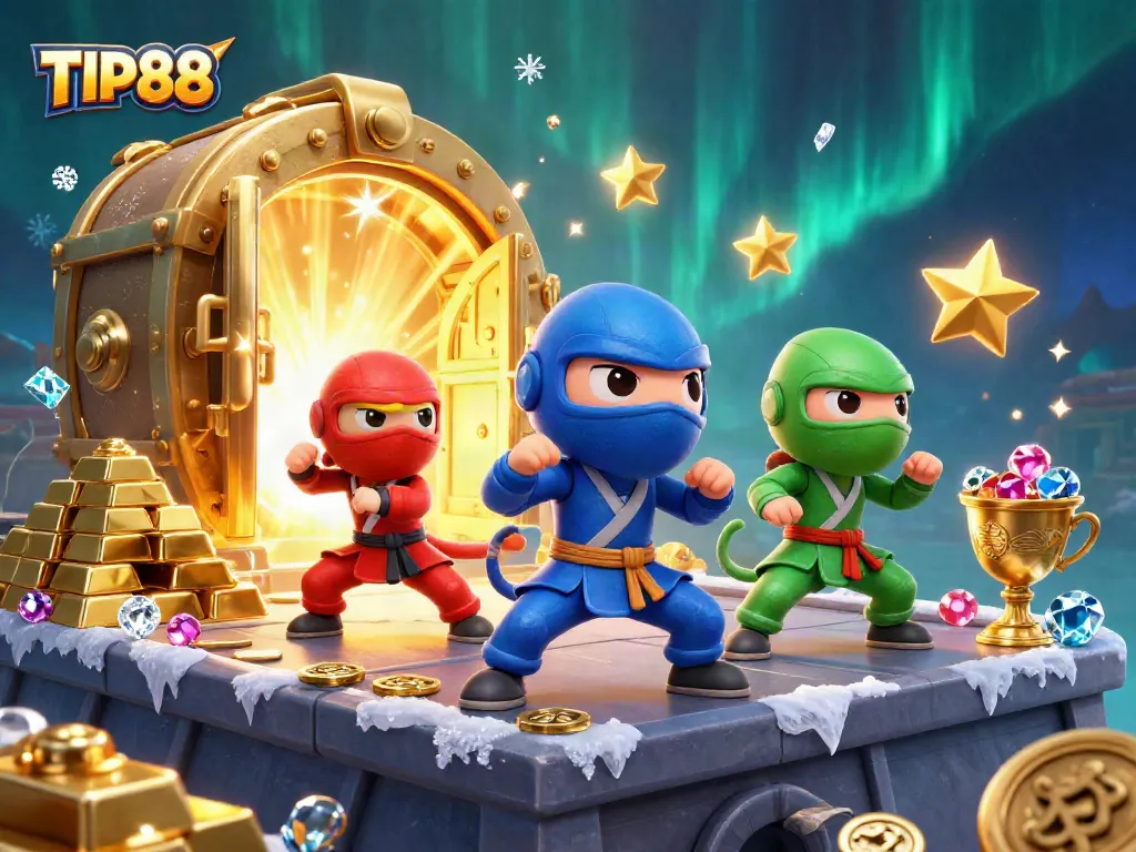 Experience thrilling action with TIP88 in this vibrant 3D casino adventure illustration, featuring ninja chameleons and treasure.