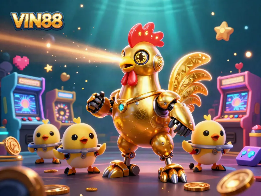 Experience thrilling gameplay at VIN88 with a 3D cartoon golden rooster robot in a colorful casino.