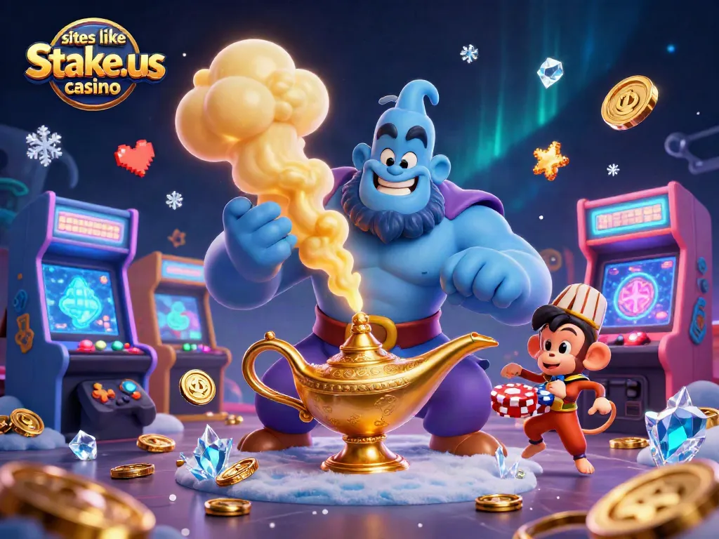 Experience the thrill of sites like stake.us casino with a magical genie, monkey, and poker chip carpet.