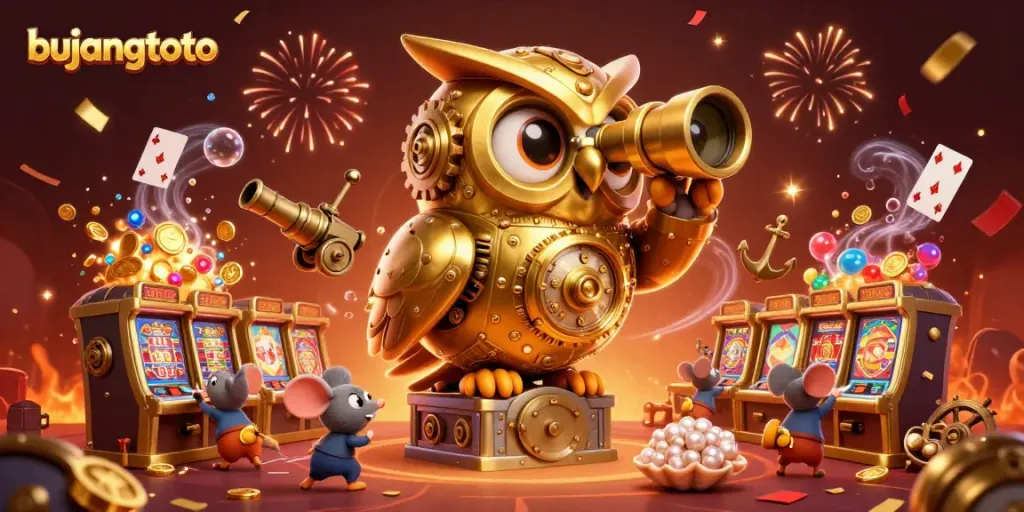 Experience the thrill of bujangtoto as the golden owl oversees joyous gaming with vibrant treasures.