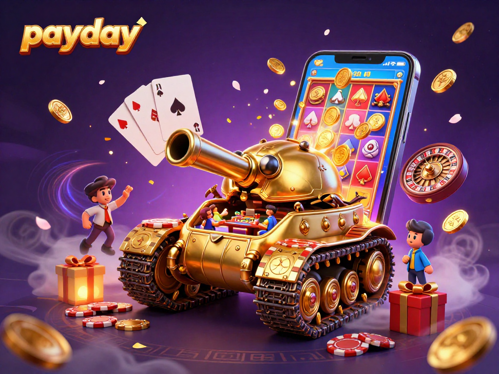 Engage with payday-themed slots as golden coins explode from a 3D smartphone in a colorful casino scene.