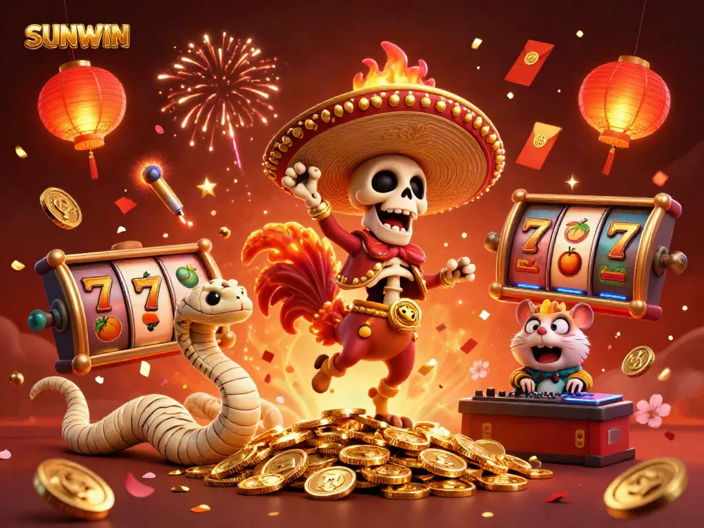 SUNWIN gaming celebration scene with a festival of slot reels, fireworks, and animated characters in a luxurious casino.