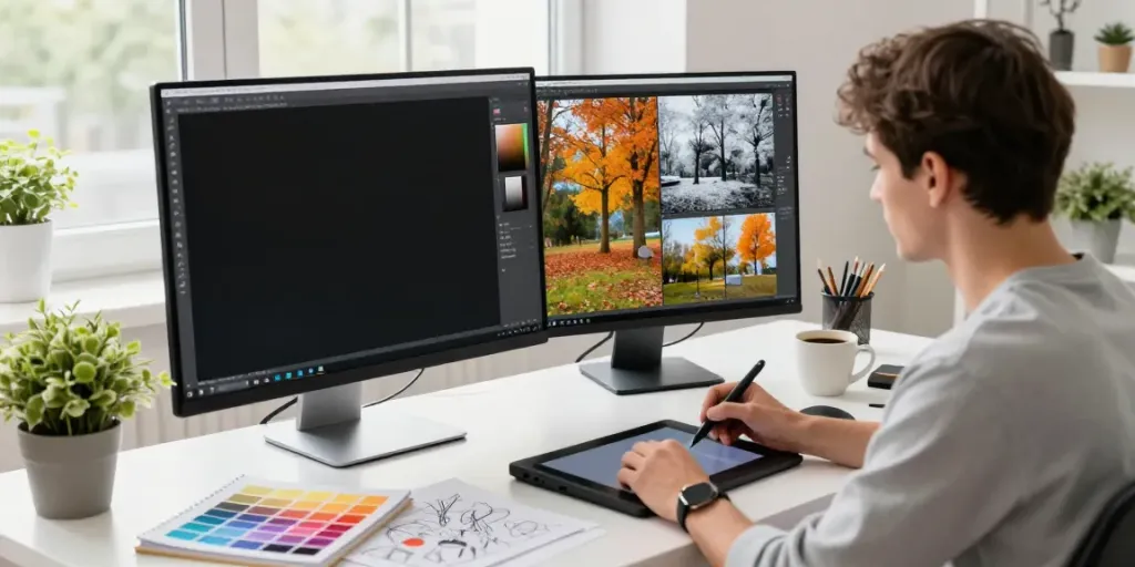 Creative workspace with an AI image variation generator showcasing seasonal photo edits.