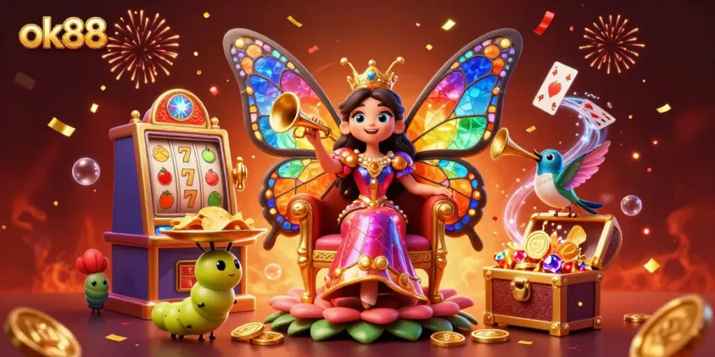 Play at ok88 with a colorful casino scene featuring a butterfly queen, vibrant slot machine, and celebratory elements.