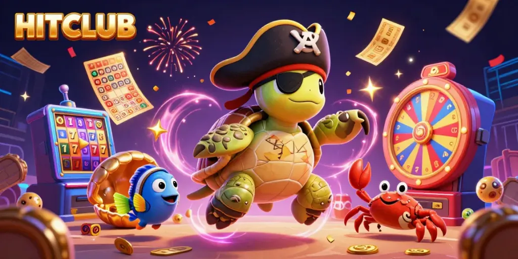 Spin the slots with HITCLUB's pirate turtle, crab friend, and vibrant game elements.