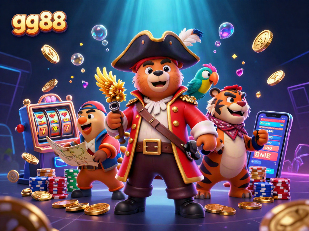 Spin the reels with gg88 in a vibrant casino scene featuring colorful characters and dynamic game elements.