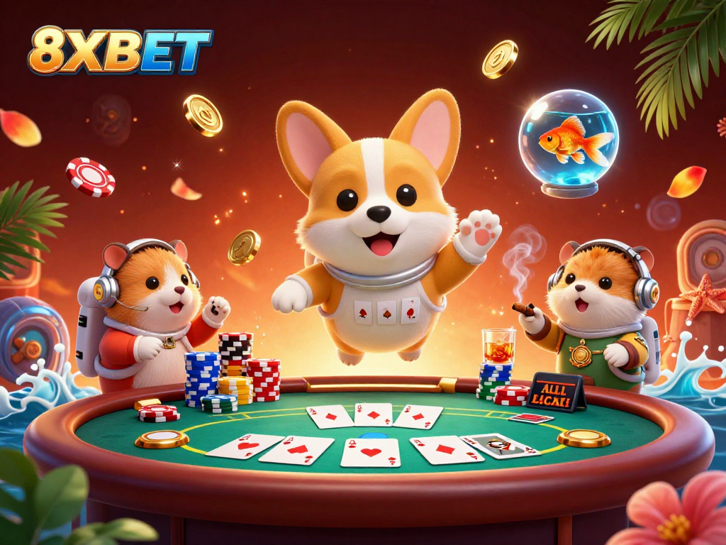Experience the excitement of 8XBET with vibrant casino elements and engaging characters!