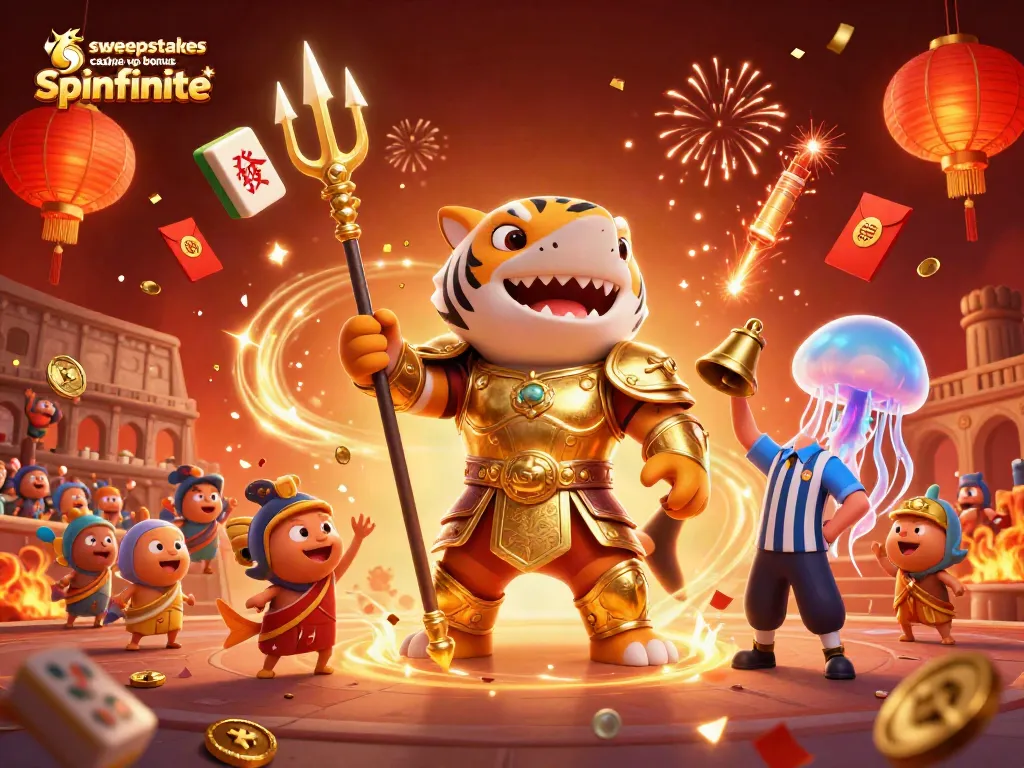Sweepstakes casino sign up bonus spinfinite features a majestic tiger shark in gladiator armor amidst festive casino game elements.