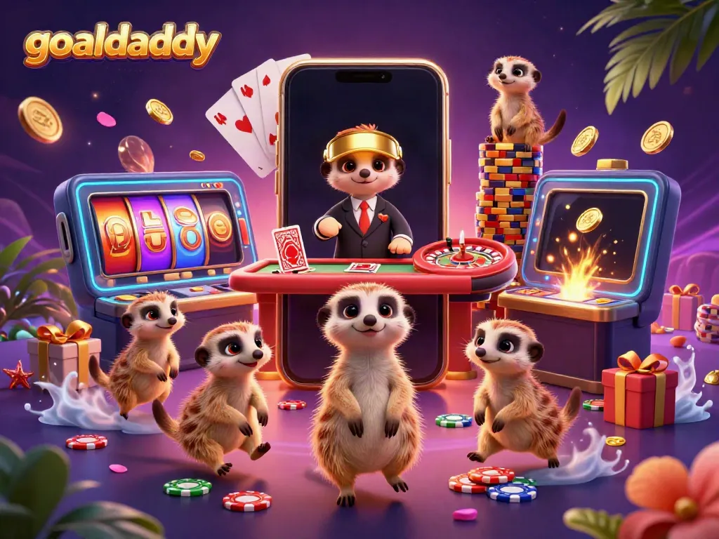 Experience thrilling casino action with goaldaddy's meerkat characters in an elaborate casino setting.