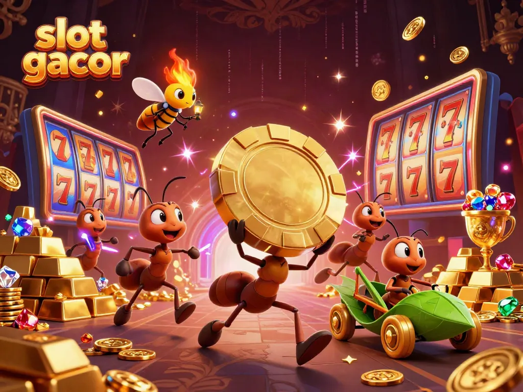 Catch the excitement of slot gacor as ants heist a gigantic poker chip, in a vibrant casino-themed scene.