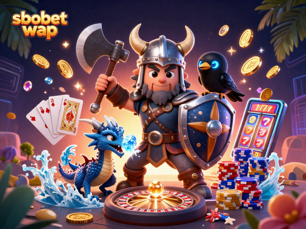 Experience sbobet wap with a dynamic scene of a Viking wolf warrior, dragon, and playing cards.