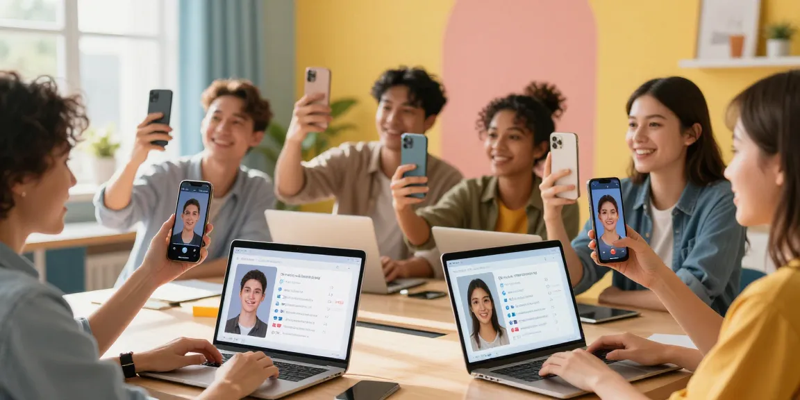 Group engaging in a test of attractiveness using AI tools, showcasing facial analysis on smartphones and laptops in a vibrant setting.