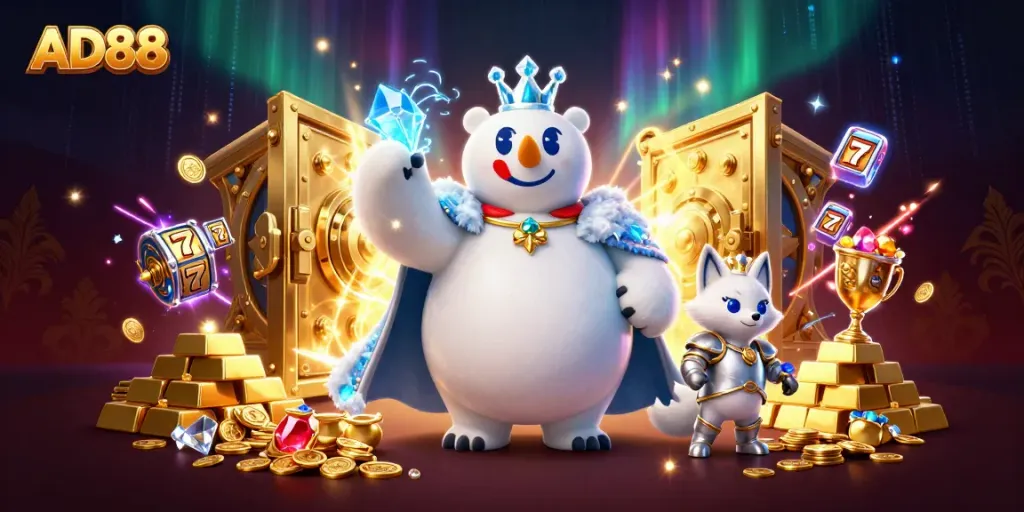 Experience the thrill of AD88 with dynamic scenes of slots and treasures in a magical casino world.