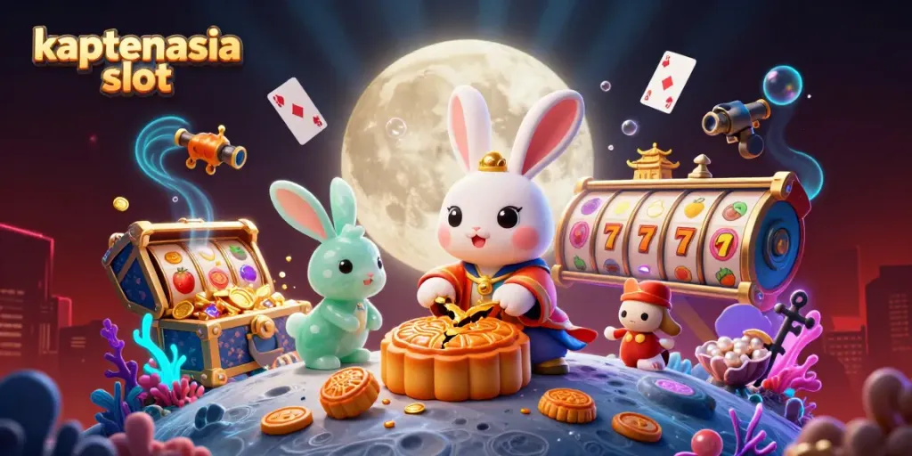 Ilustrasi menarik dari "kaptenasia slot" yang menunjukkan kelinci bulan tradisional Tiongkok yang sedang memukul kue bulan.