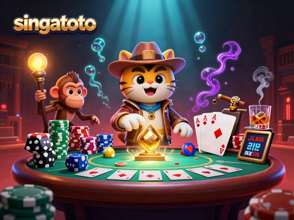 singatoto enchanting casino adventure with an explorer cat and a monkey companion amidst colorful gambling elements.