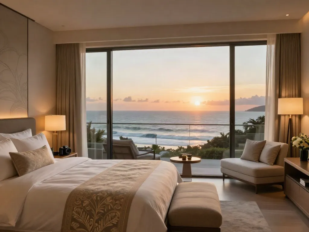 Luxury bedding supplier products displayed in a hotel suite with ocean view during sunset.