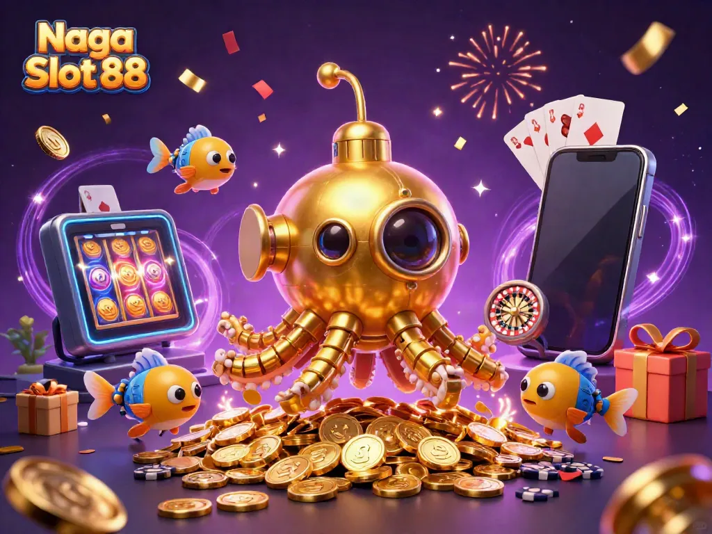 Experience the thrill of Naga Slot 88 with golden kraken and casino elements in dynamic digital art.