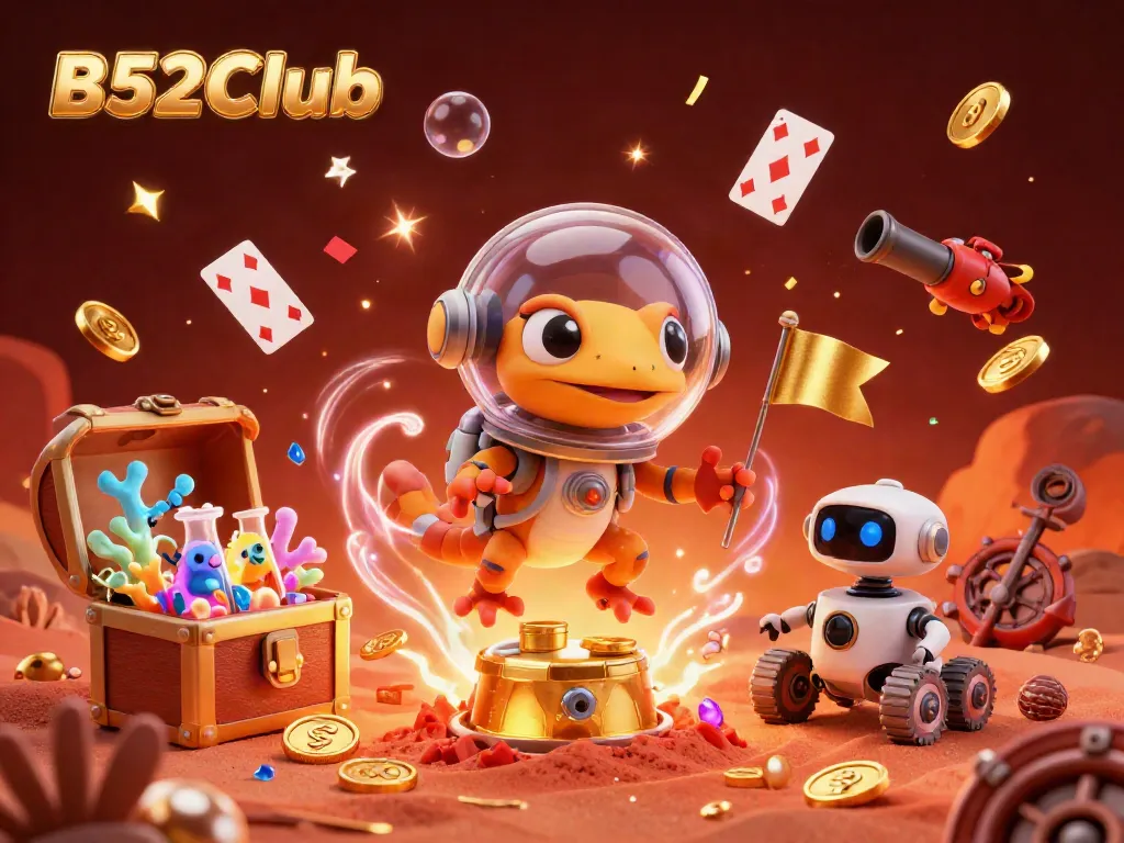 Join the celebration at B52Club with a Martian gecko as it discovers a golden casino amidst vibrant game elements.