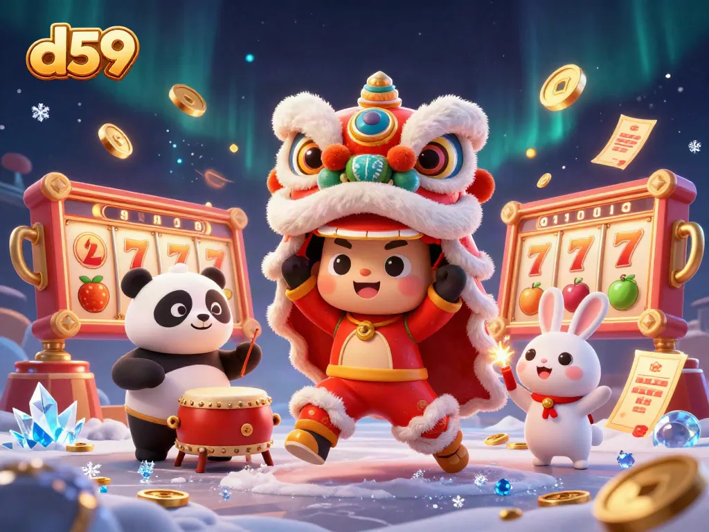 Engage with d59 slots featuring a lively lion dance, drumming panda, and spinning reels.