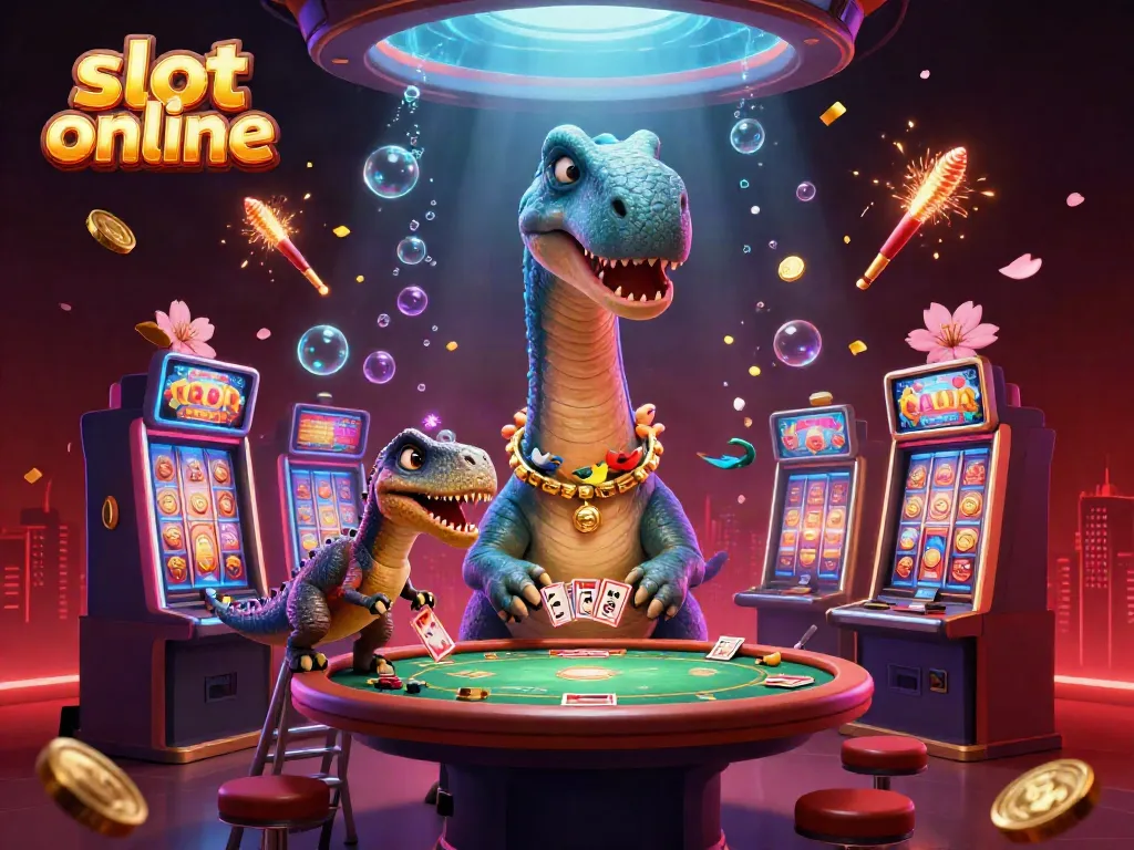 Experience the thrill of slot online with a whimsical brontosaurus and clever raptor at a dynamic casino scene.