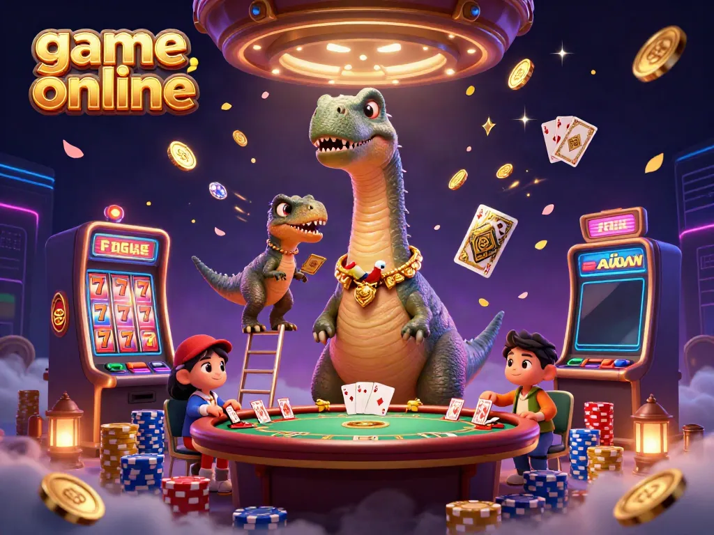 Engaging game online scene with a giant dinosaur in a casino dealing cards.