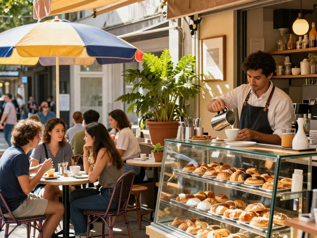 Kebuntoto café scene with barista pouring latte art and patrons enjoying pastries.