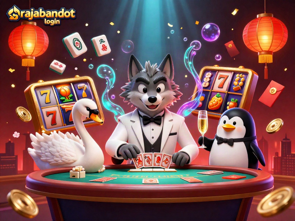 Rajabandot login dengan slot dan simbol keberuntungan di kasino yang dinamis dan penuh warna.